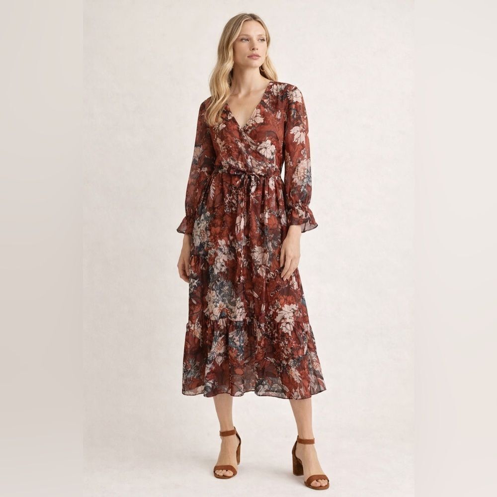 HEMANT & NANDITA Rust Floral Long Sleeve Dress NWOT